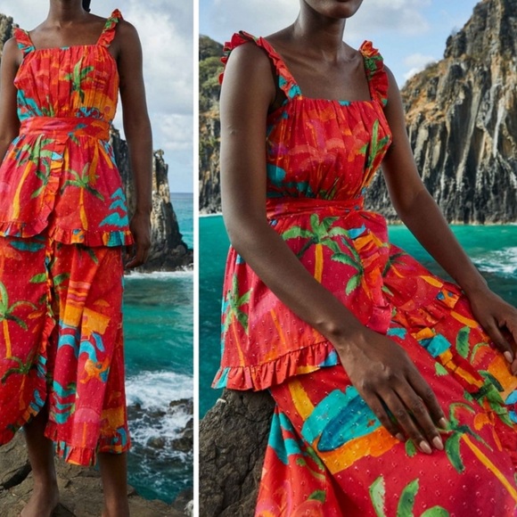REPOSH - NWT Farm Rio Ipanema Red Tropical Ruffle Midi Dress - Picture 7 of 8